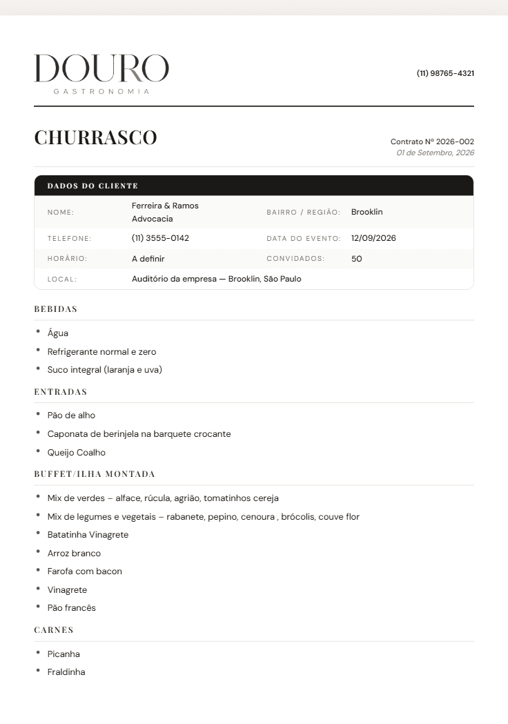 Primeira página da proposta: timbre do buffet, dados do cliente e o cardápio completo