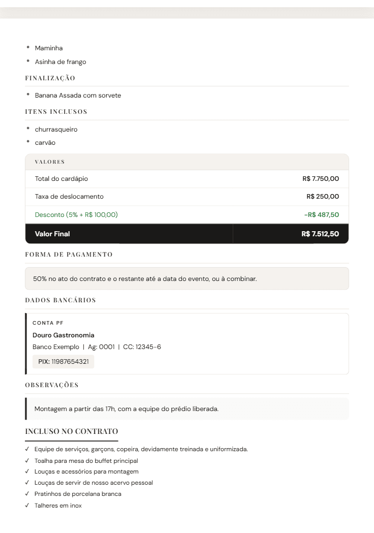 Segunda página da proposta: valores, forma de pagamento, dados bancários e o que está incluso no contrato