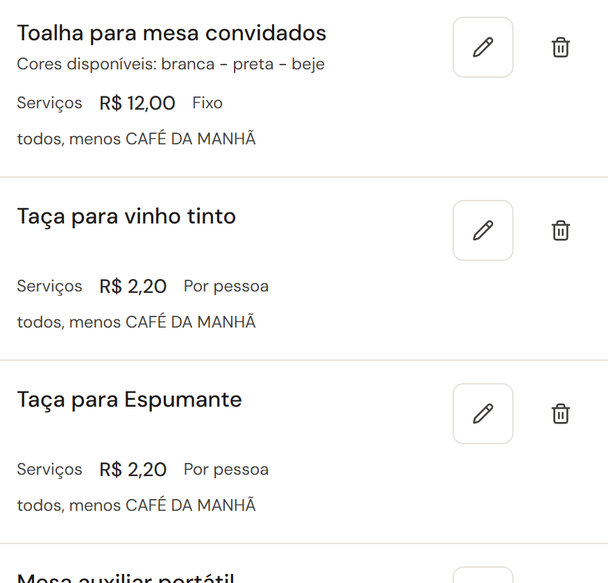 Catálogo de extras com uma toalha cobrada por valor fixo e taças cobradas por pessoa