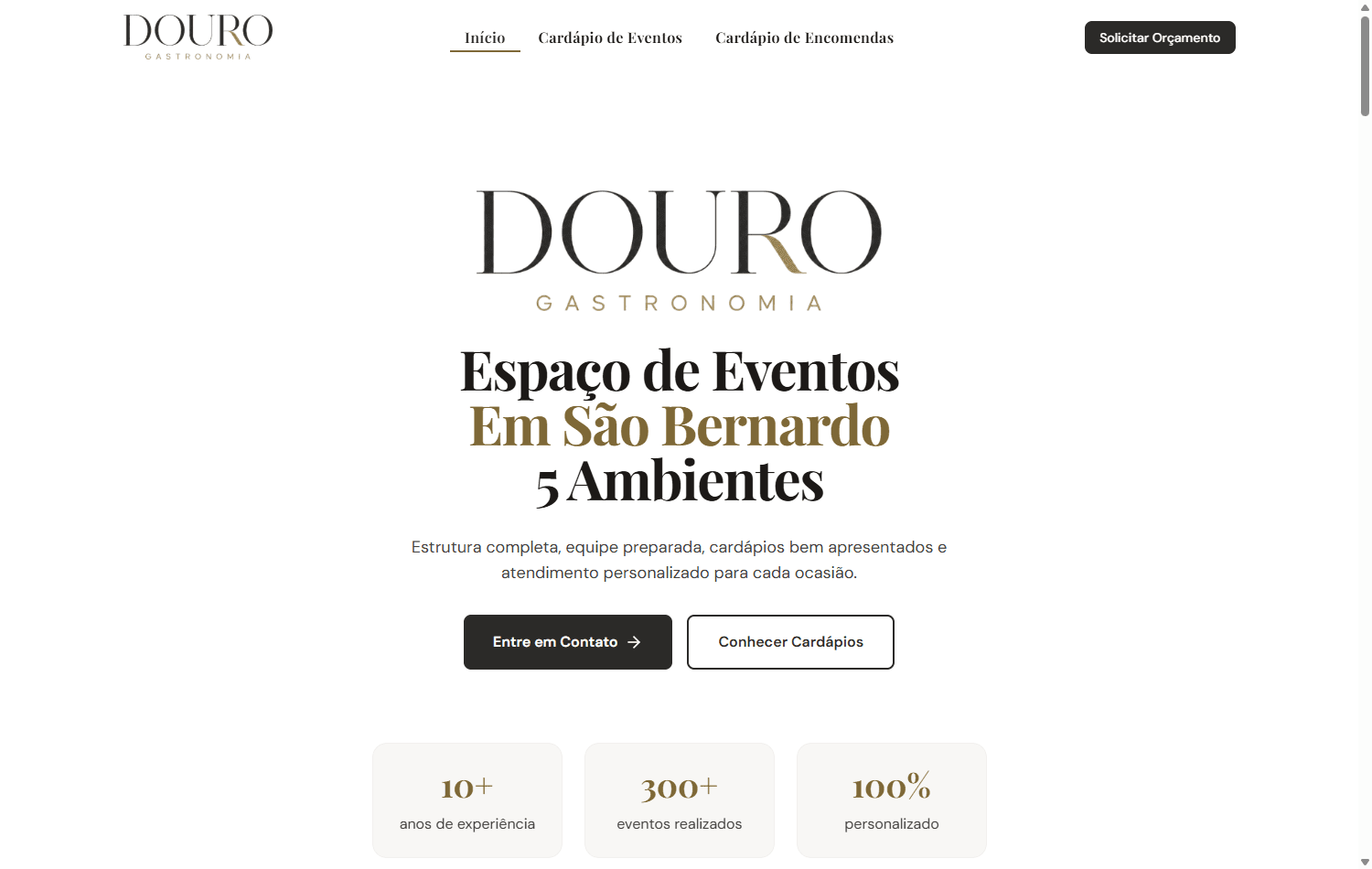 Site público do buffet, com logo, chamada e botões de contato