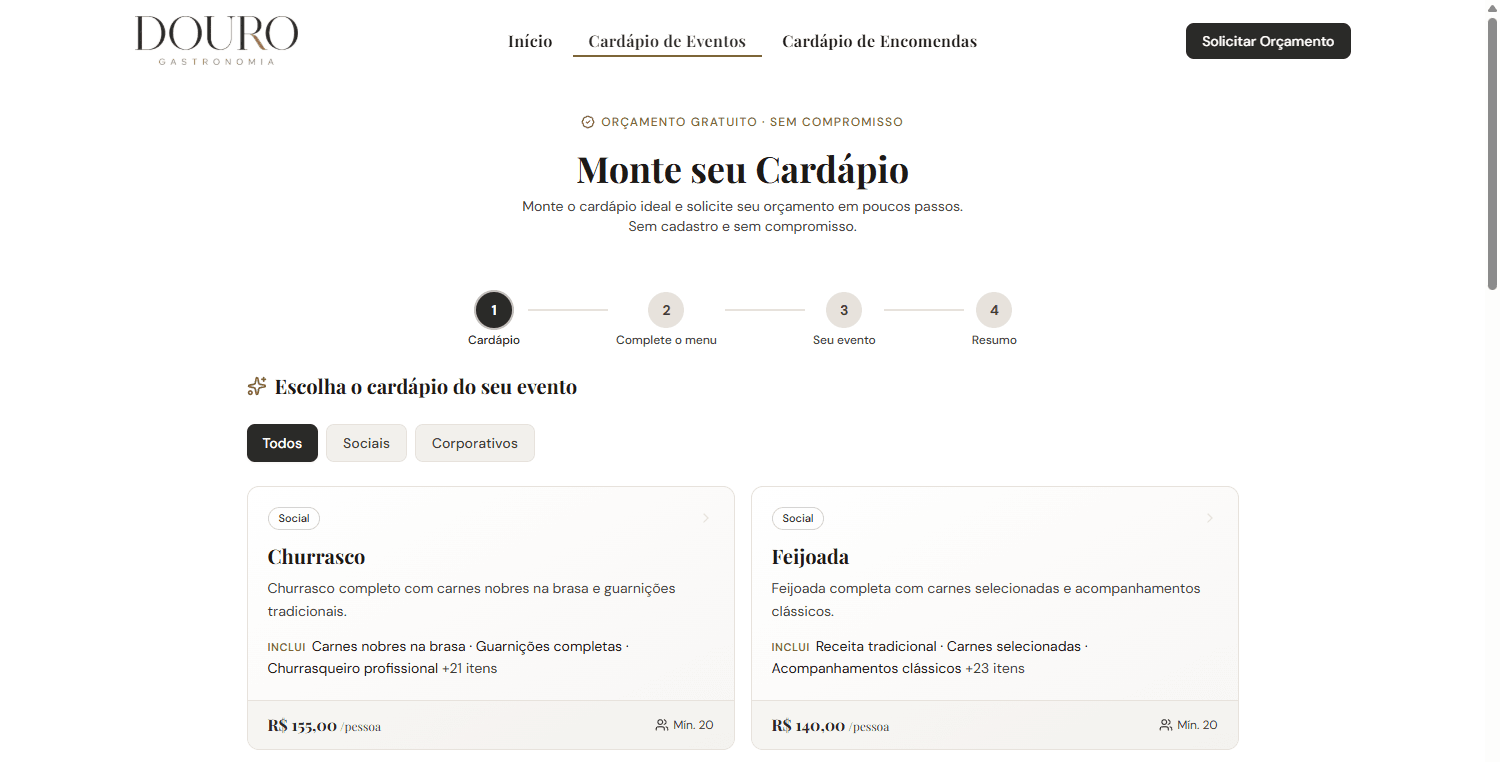 Página Monte seu Cardápio no site do buffet, com os quatro passos e os cardápios